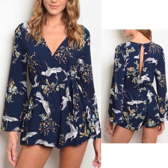 Navy Floral Romper with Cranes - Picture 3 of 3